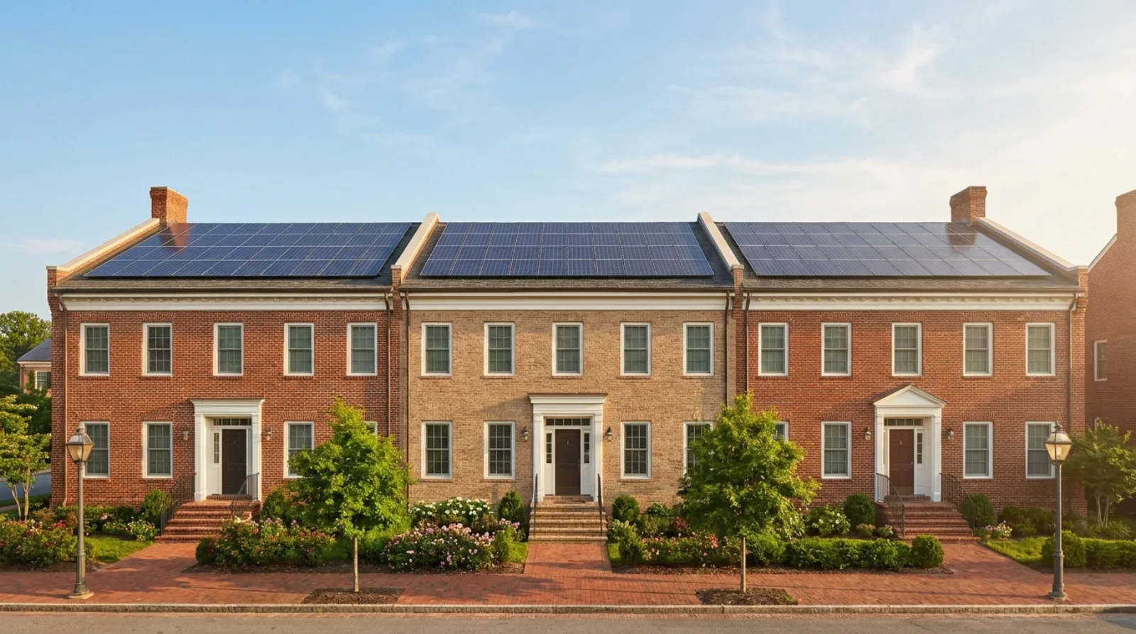 Sunny DC rowhouse rooftop with solar panels