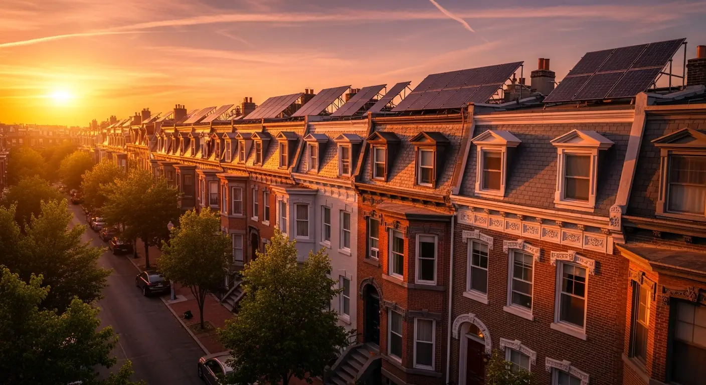 DC rowhouse rooftops with solar panels at golden hour