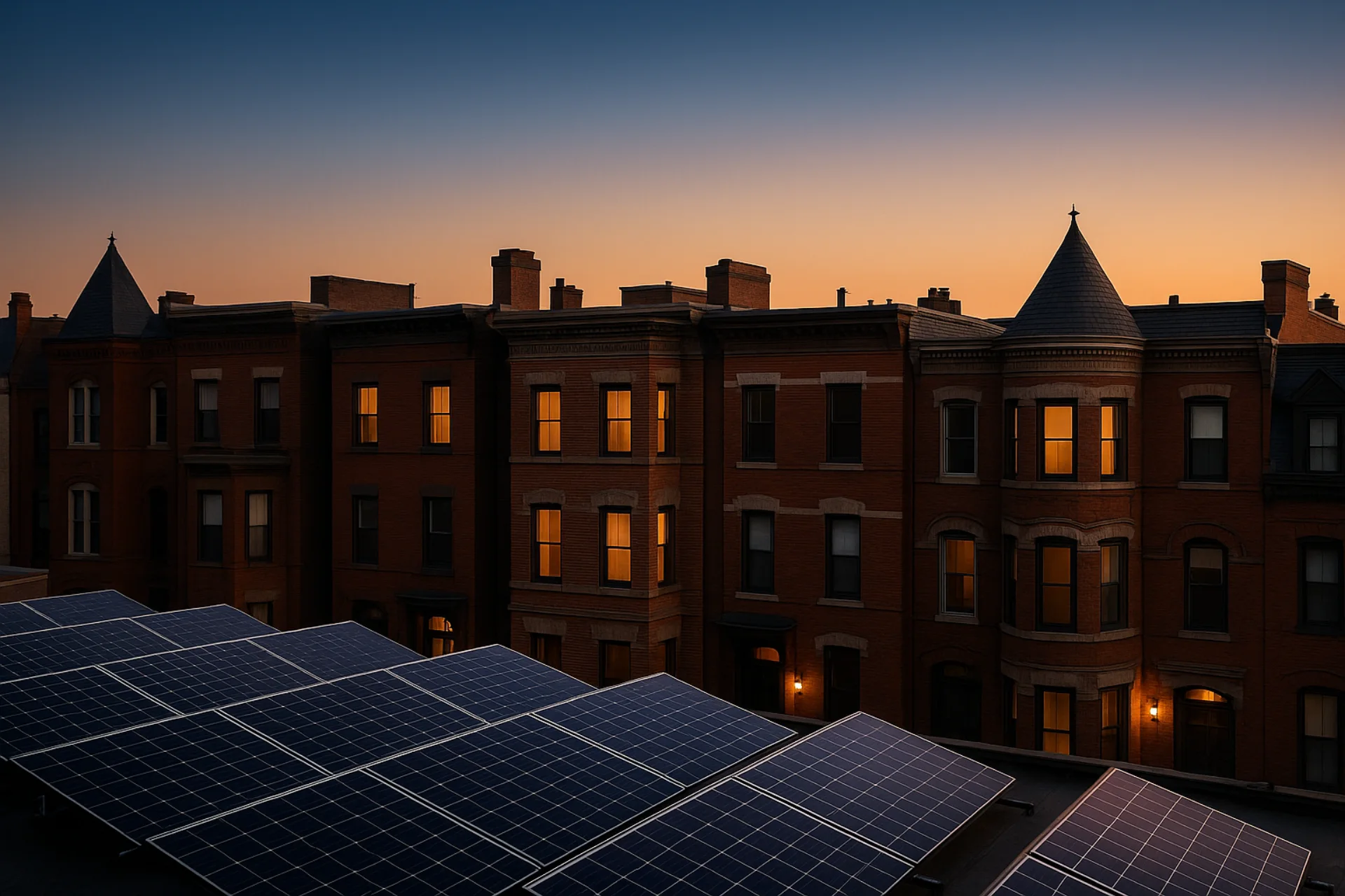 DC rowhouses with rooftop solar at dusk